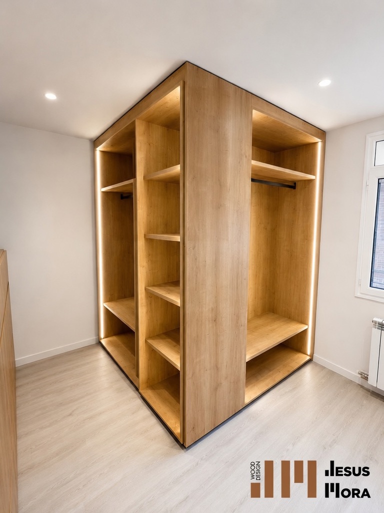 Vestidor abierto de madera con iluminación integrada
