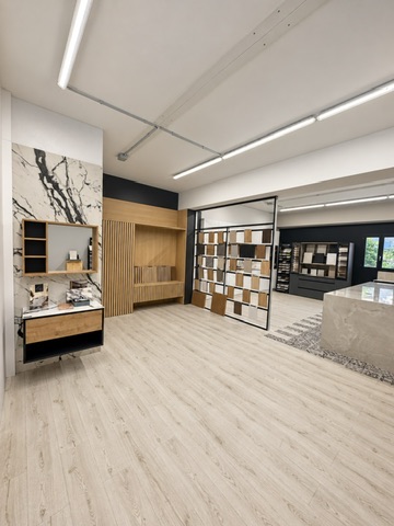Showroom con muestras de materiales y mobiliario