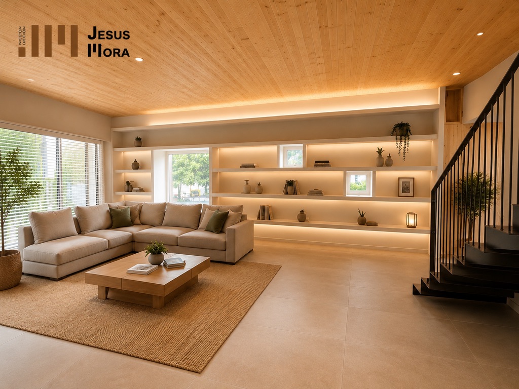 Salón completo con biblioteca iluminada, mesa de centro y techo de madera