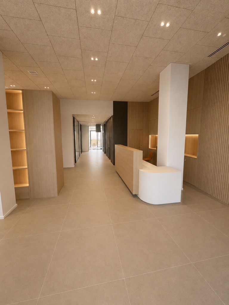 Recepción profesional con mostrador y mobiliario de madera a medida