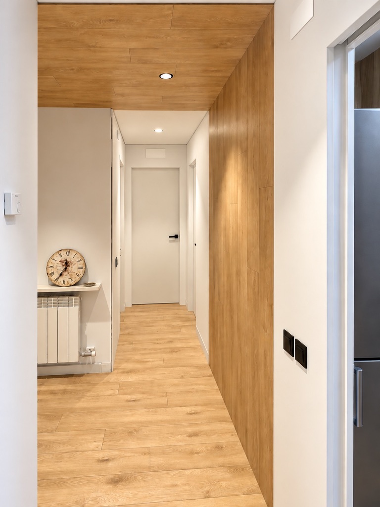 Parquet de roble en un distribuidor con revestimiento continuo de pared y techo