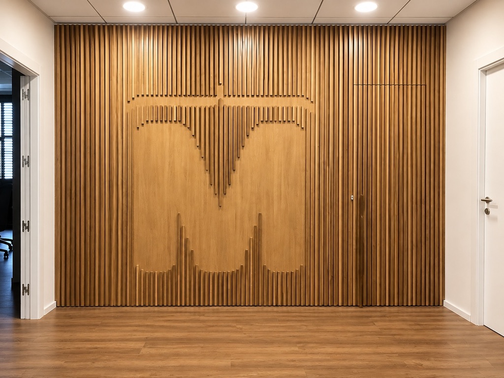 Revestimiento de lamas de madera con la puerta oculta cerrada