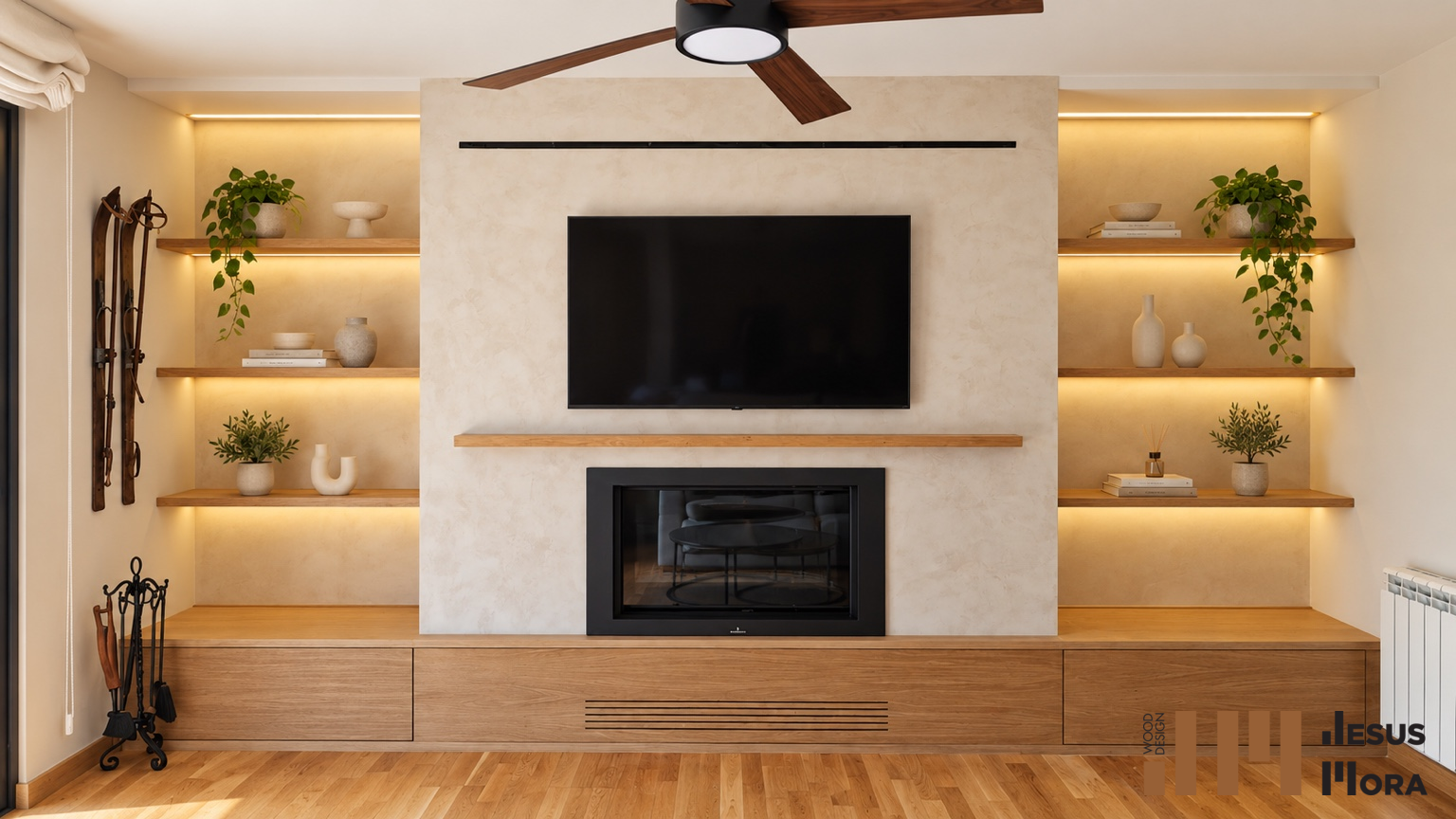 Salón terminado con chimenea, iluminación y mobiliario de madera a medida