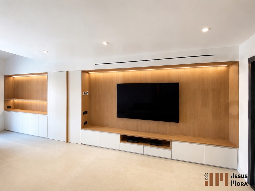 Salón terminado con mueble de televisión de madera y blanco e iluminación integrada